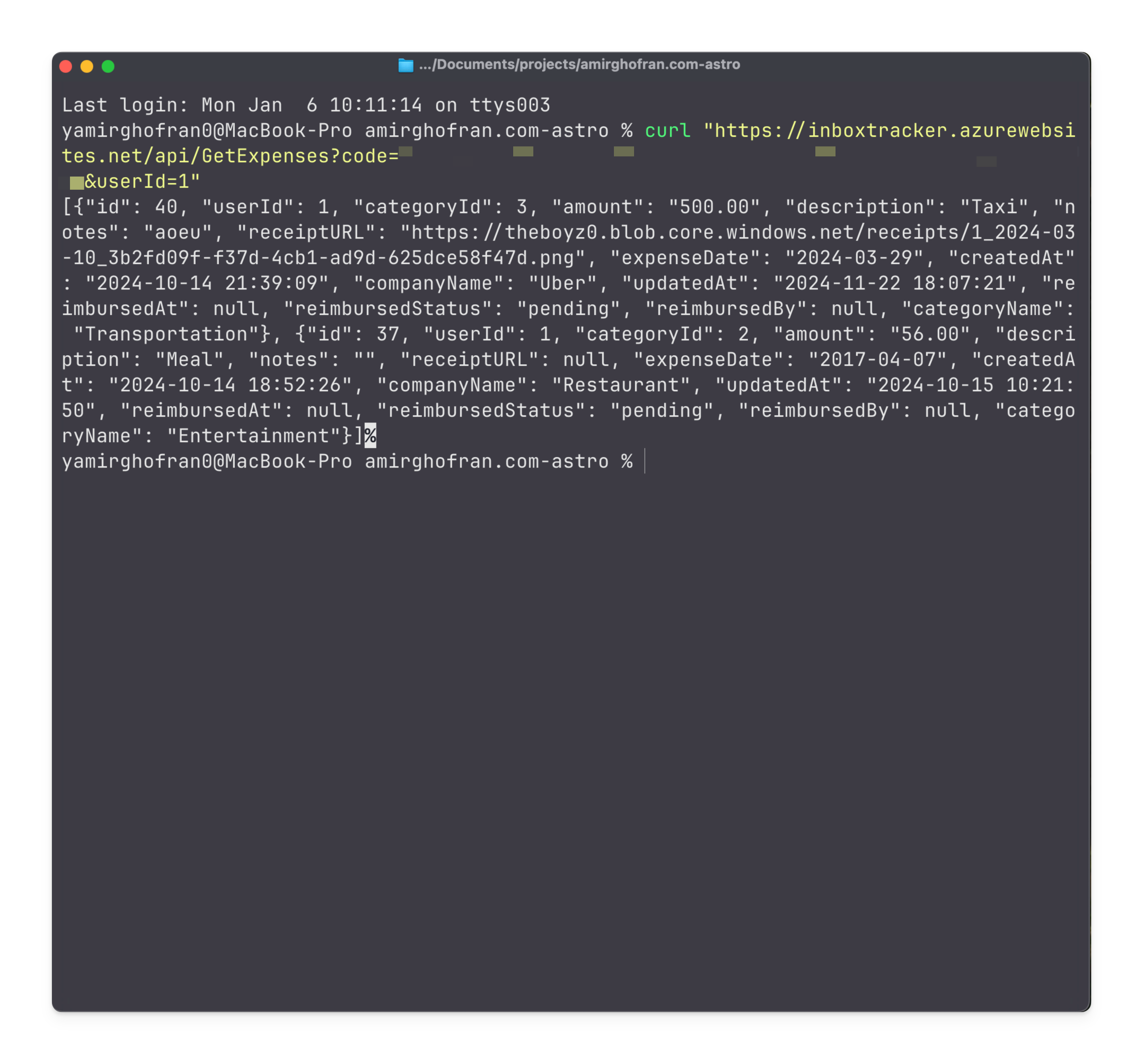 Curl request to test an azure function endpoint.